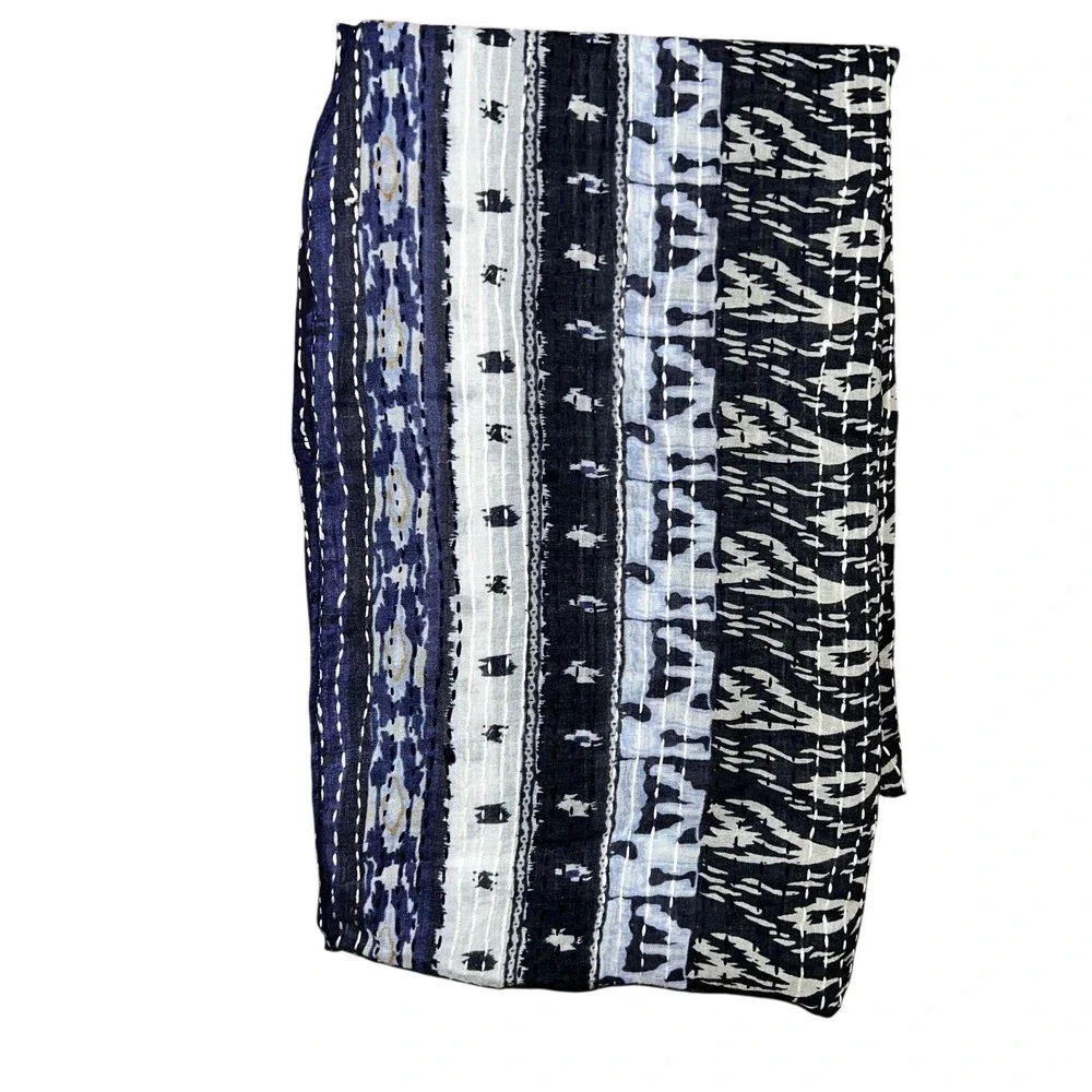 J.Jill Navy Blue Multi Ikat Kantha Stitch Infinity Scarf Lightweight Loop
